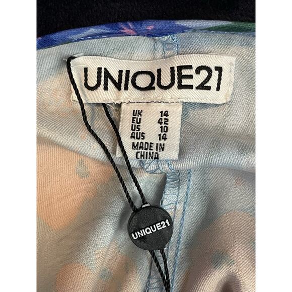 Unique 21 Blue Floral Short Sleeve Blouse Women's 10 Business Office Front Tie - Picture 3 of 4